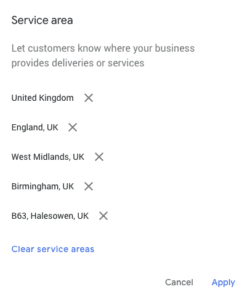 Examples of applicable service areas in Google My Business